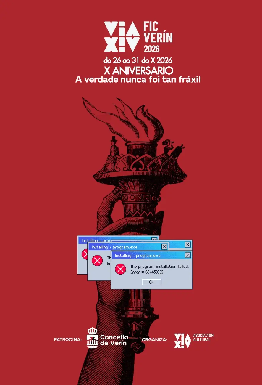 Cartel do FIC Vía XIV 2026: X aniversario, do 26 ao 31 de outubro, co lema «A verdade nunca foi tan fráxil».