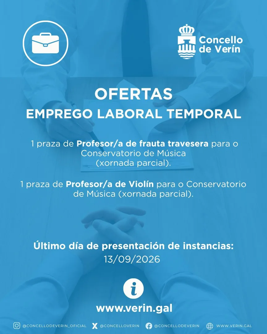 Cartel informativo das ofertas de emprego laboral temporal do Concello de Verín para o Conservatorio de Música.