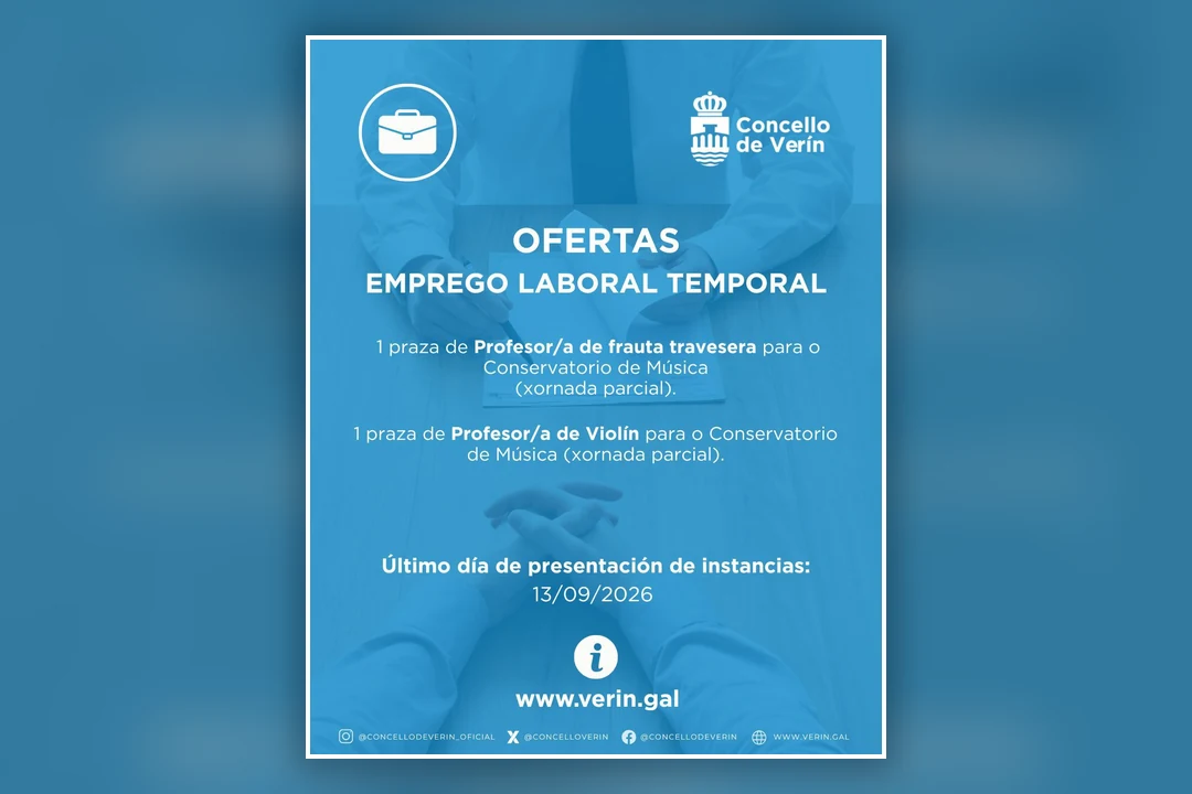 Cartel do Concello de Verín coas ofertas de emprego laboral temporal para profesorado de frauta traveseira e violín, con prazo ata o 13 de setembro de 2026.
