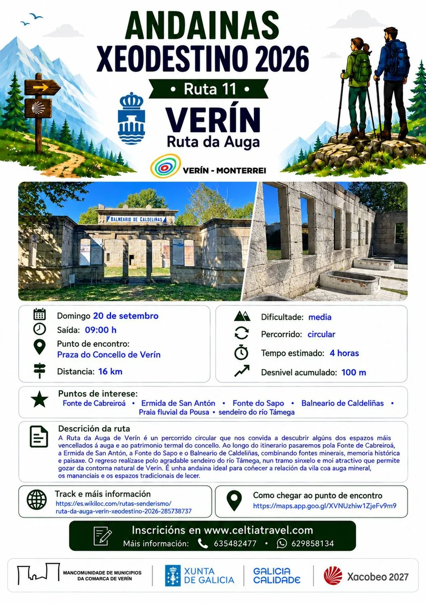 Cartel da Ruta da Auga con horario, distancia, dificultade, puntos de interese e descrición do percorrido.