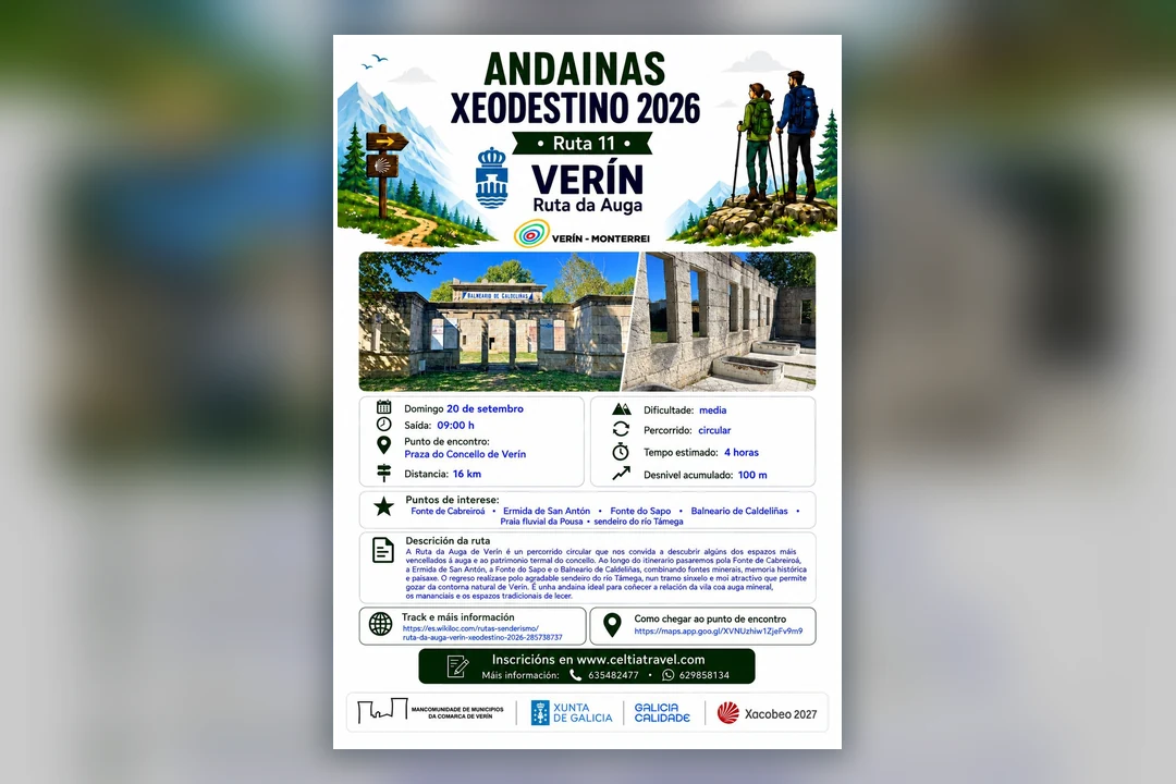 Cartel da Ruta da Auga, Ruta 11 do programa Andainas Xeodestino 2026 en Verín, que se celebra o domingo 20 de setembro.