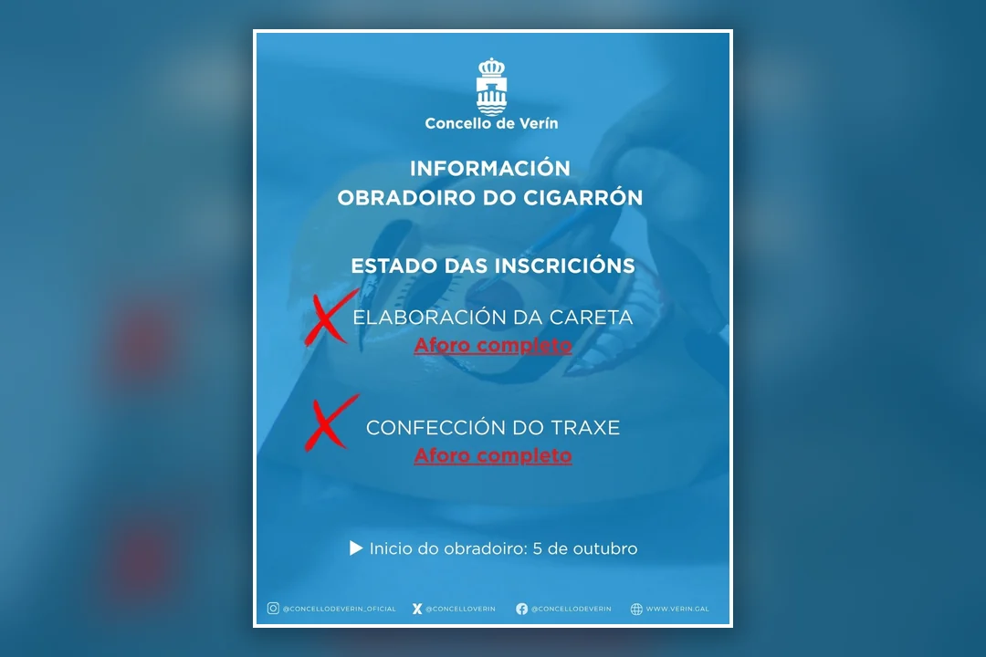 Cartel informativo do Concello de Verín no que se indica que o Obradoiro do Cigarrón ten o aforo completo nas dúas modalidades, careta e traxe.