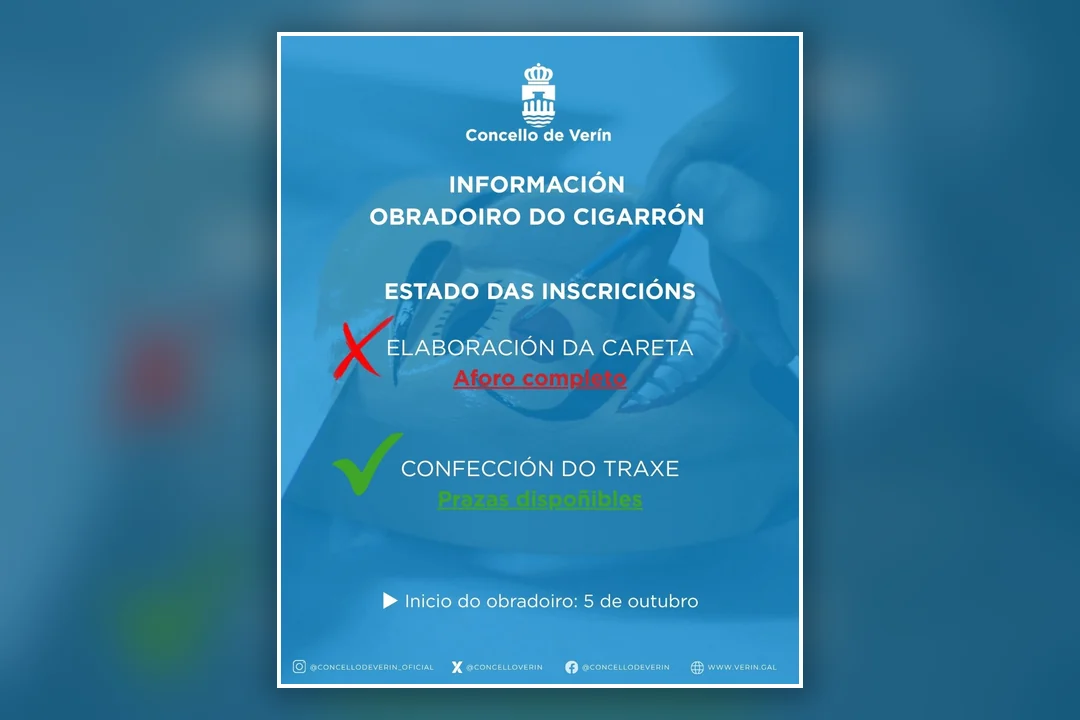 Cartel informativo do Concello de Verín sobre o estado das inscricións no Obradoiro do Cigarrón: aforo completo na elaboración da careta e prazas dispoñibles na confección do traxe.