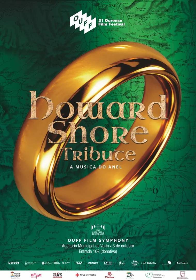 Cartel do concerto Howard Shore Tribute, A música do anel, no Auditorio Municipal de Verín o 3 de outubro, con entrada de 10 euros en concepto de donativo.