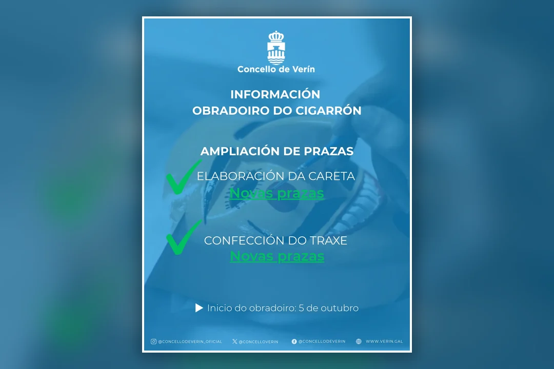 Cartel do Concello de Verín anunciando a ampliación de prazas do Obradoiro do Cigarrón, con novas prazas na elaboración da careta e na confección do traxe.