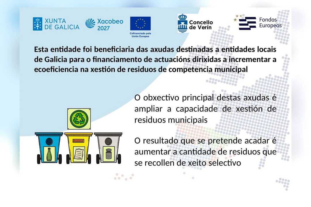 Cartel informativo da axuda para incrementar a ecoeficiencia na xestión de residuos municipais, cos logotipos da Xunta de Galicia, a Unión Europea, o Concello de Verín e os Fondos Europeos.