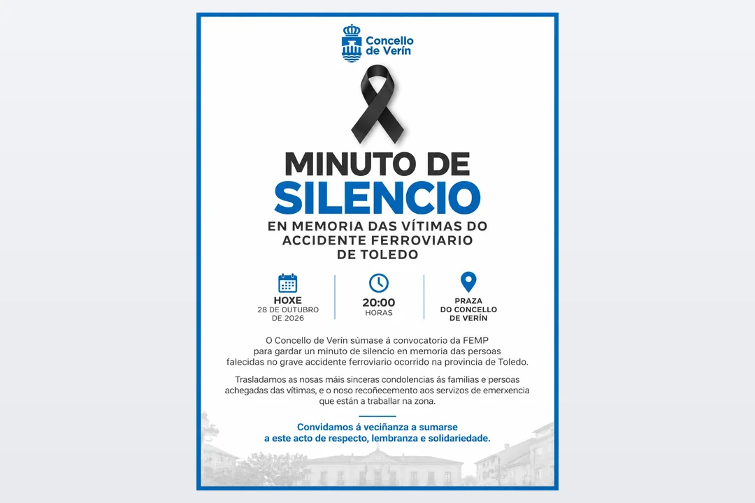 Cartel do Concello de Verín cun lazo negro anunciando o minuto de silencio en memoria das vítimas do accidente ferroviario de Toledo, hoxe 28 de outubro ás 20:00 horas na Praza do Concello.