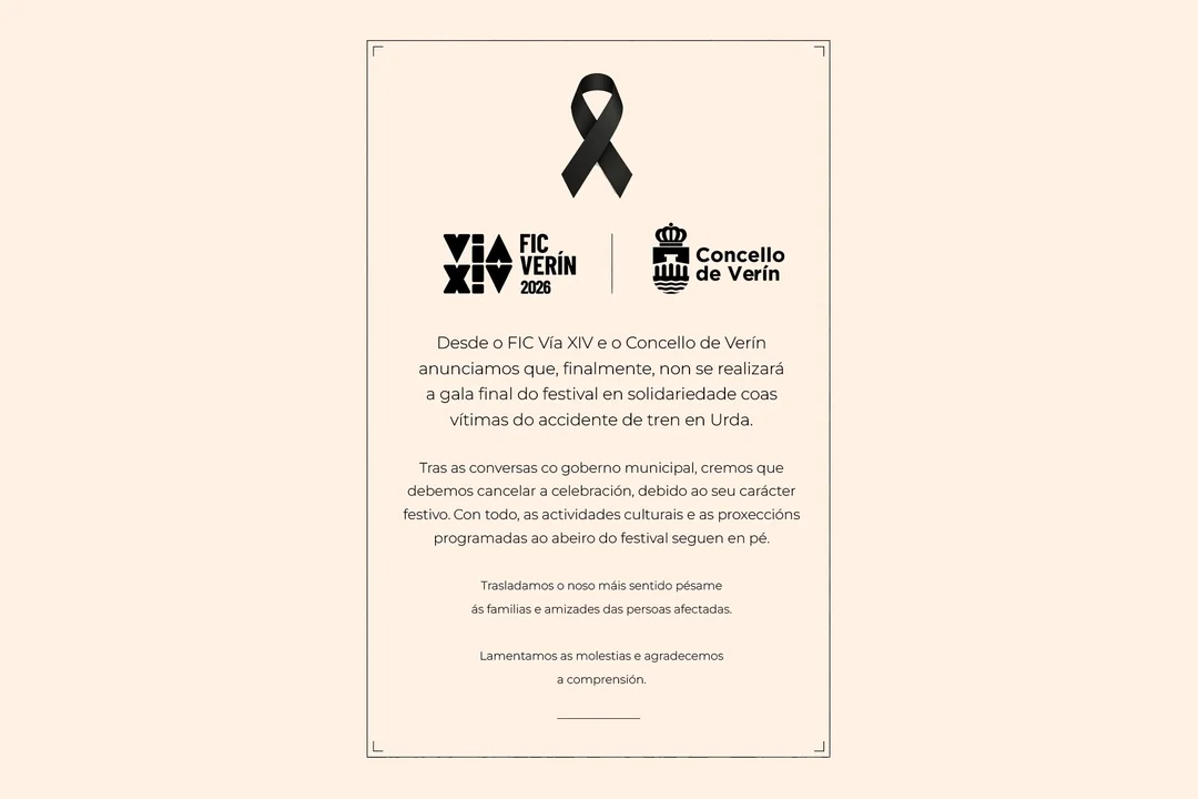 Comunicado do FIC Vía XIV e do Concello de Verín cun lazo negro anunciando a cancelación da gala final do festival en solidariedade coas vítimas do accidente de tren en Urda.